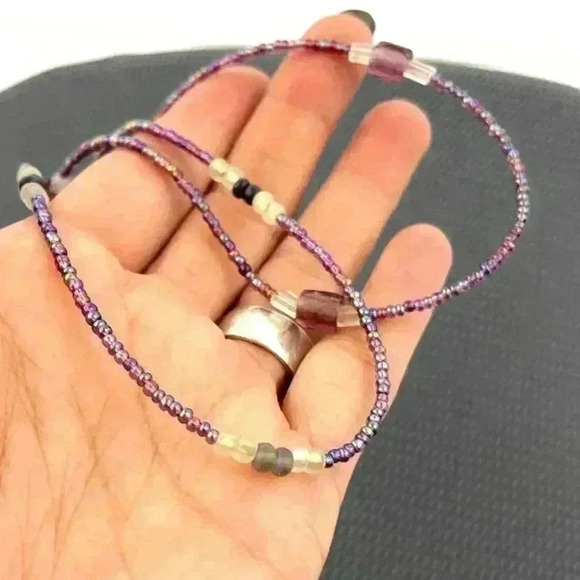 Purple Mini Seed Bead Necklace Layered Iridescent Glass Frosty Jewelry 17" - Picture 5 of 11